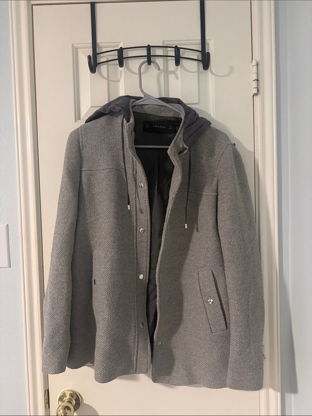 Zara Men Light Gray Hooded Wool-Blend Coat